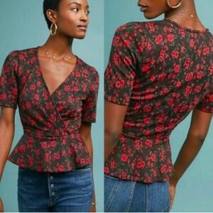 Anthropologie Meadow Rue Heartland Rose Short Sleeve Peplum Top Sz Small Petite